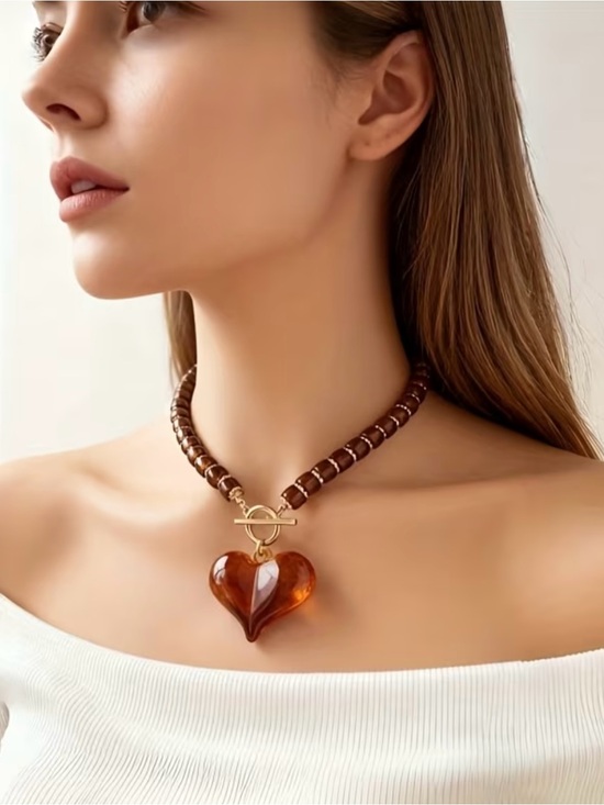 Anthropologie Jewelry - NEW! Brown Beaded Necklace with Amber Heart Pendant 🤎 B0-4